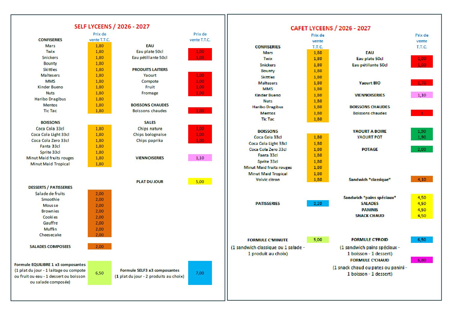 TARIF CAFET + SELF LYCEE PDF